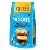 The "Mokate - Classic 2 in 1 Instant Coffee - 24 Pack" packaging showcases a steaming coffee cup and beans, emphasizing the rich blend of coffee and creamer. The label clearly states "XXL 20+4 Gratis/Free," offering a total of 24 convenient sachets.